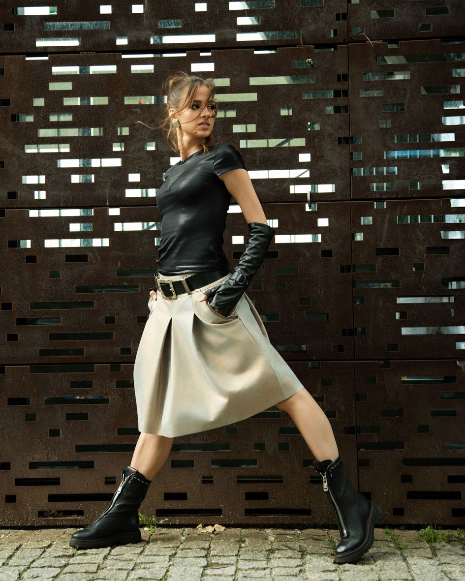 125005 PISTACHIO GREEN LEATHER SKIRT WITH DOUBLE FOLD  - By Rieske image 1