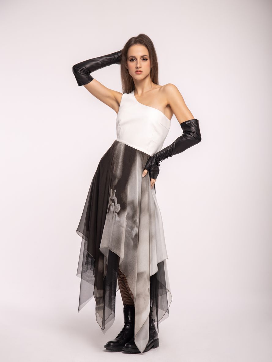 asymmetrical dress made of silk and leather, silk dress with a leather top and asymmetric hem made of silk, wedding dress, elegant dress made of natural leather and silk chiffon, evening dress, evening dress, New Year's Eve dress, Polish brand dress, Polish designer dress, original prom dress, asymmetrical b & w dress, prom dress, unique silk dress