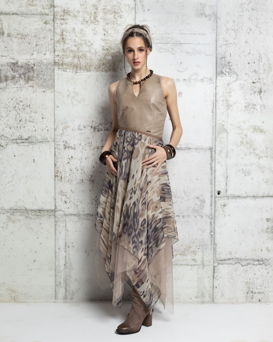 asymmetric silk and leather dress, silk dress with a leather top, asymmetric silk dress, gray silk dress, silk chiffon and natural leather dress for the summer, perfect wedding dress