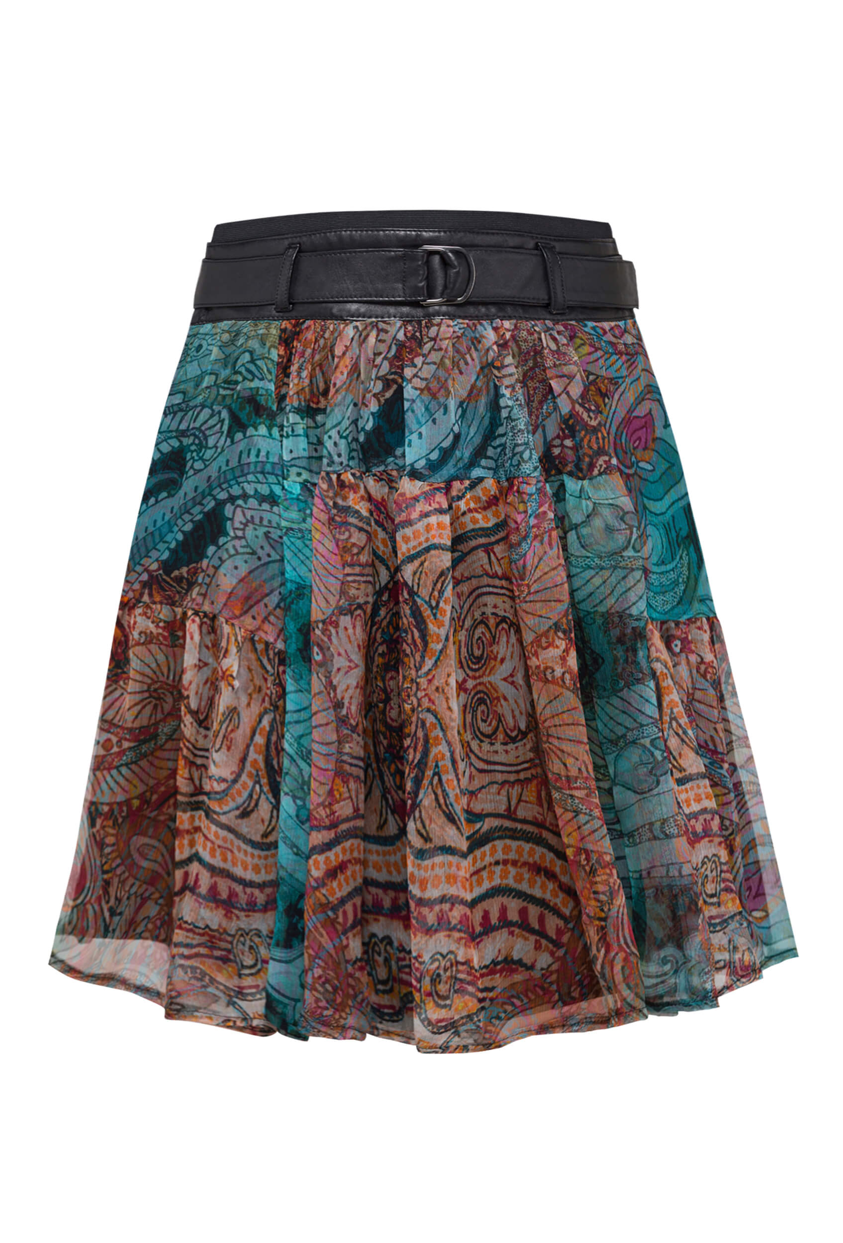 silk and leather skirt, silk skirt with leather yoke and belt, skirt with multicolor pattern, skirt  made of Italian leather, skirt with yoke made of natural leather and silk chiffon