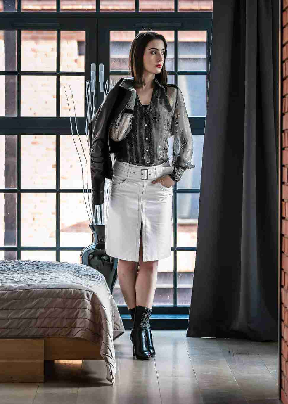 leather pencil skirt, leather skirt with leather strap, white leather skirt, white Italian leather skirt, white natural leather skirt, premium skirt