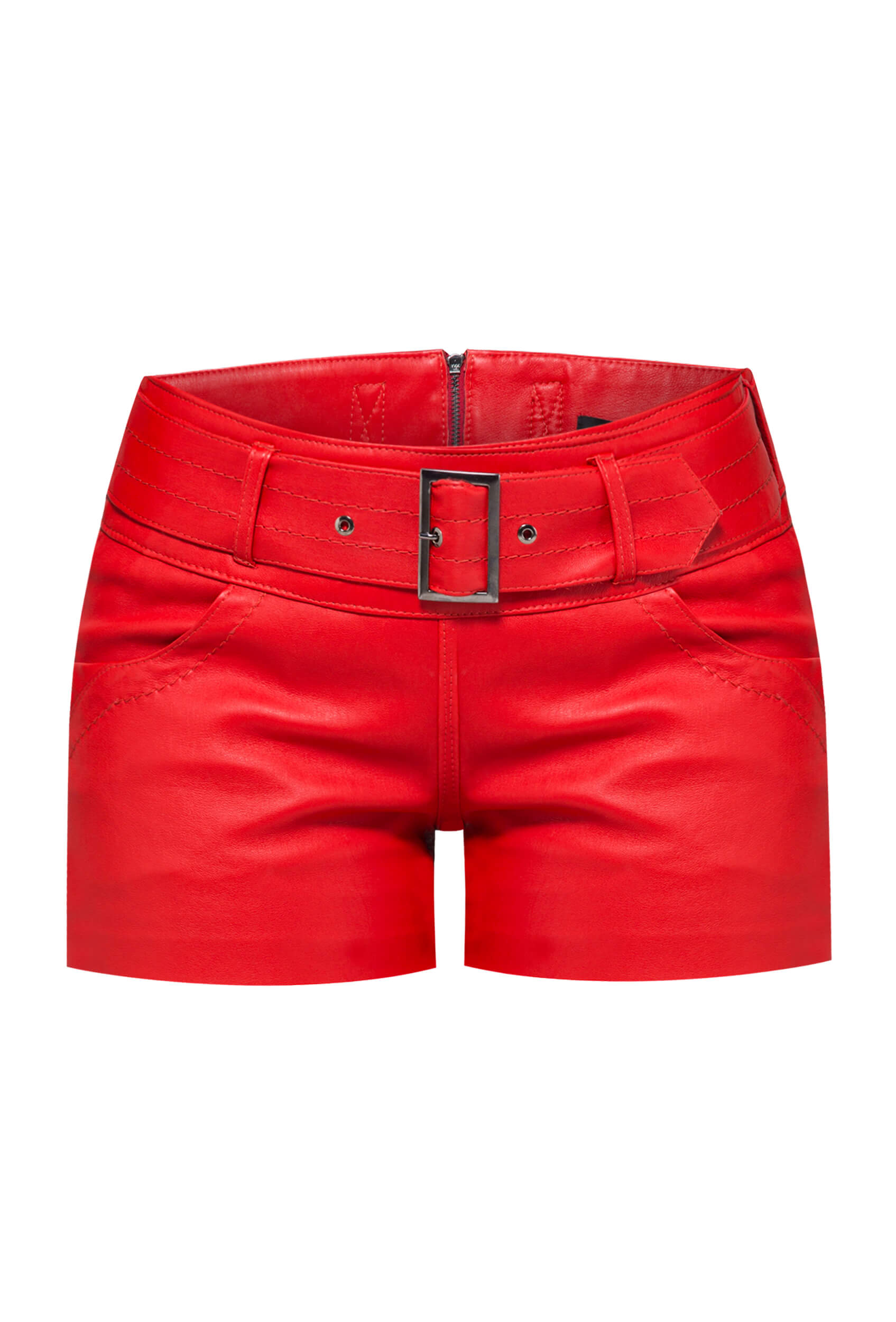 women's leather shorts, red leather shorts, red natural leather shorts, premium Italian leather shorts, must have shorts for shapely legs, Italian leather shorts, slim fit leather shorts, Polish designer women's shorts