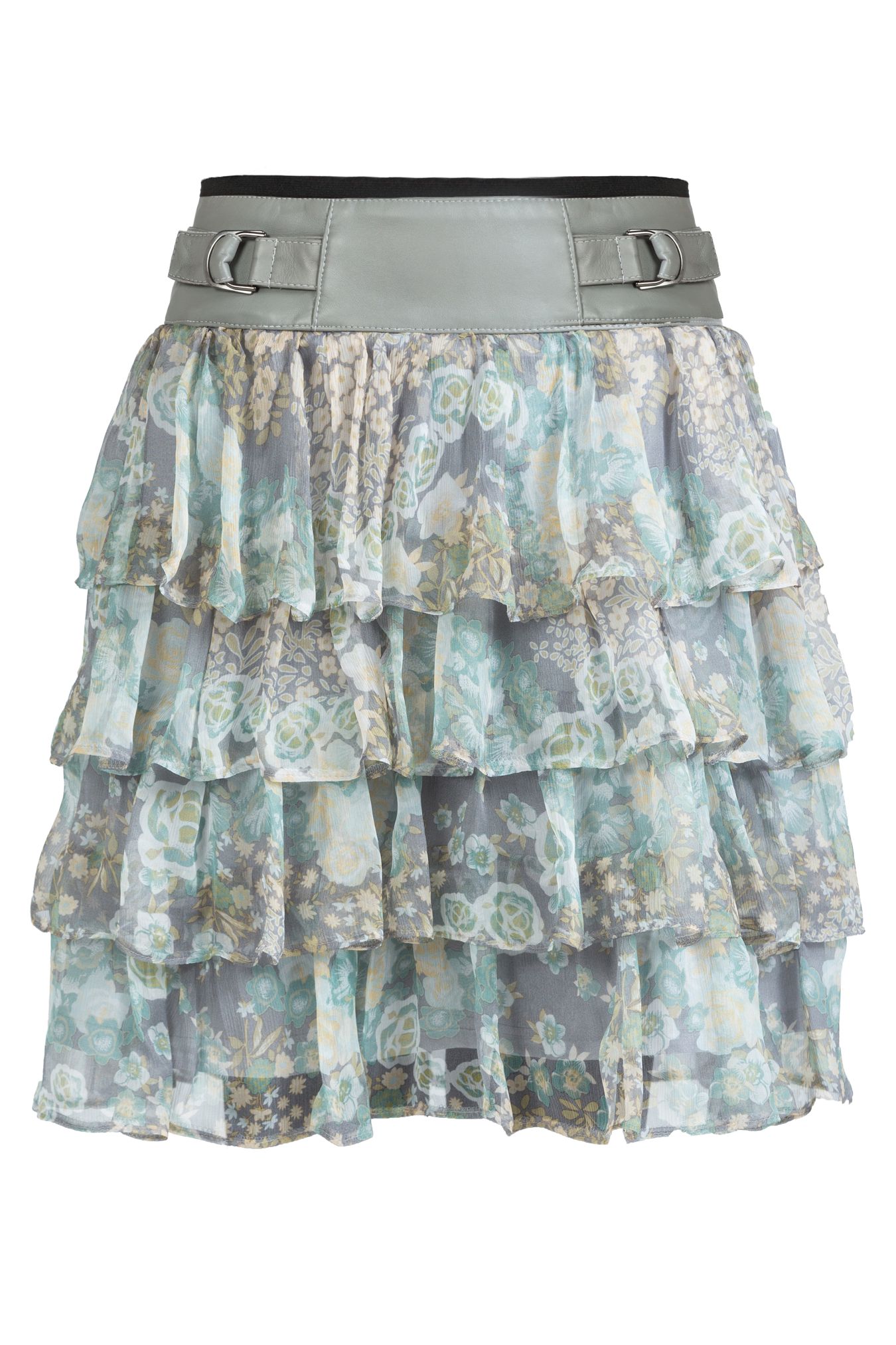 skirt made of silk and leather, silk skirt with a leather yoke and ruffles, skirt with a plant pattern, ash-colored skirt, skirt with a yoke made of natural leather and silk chiffon