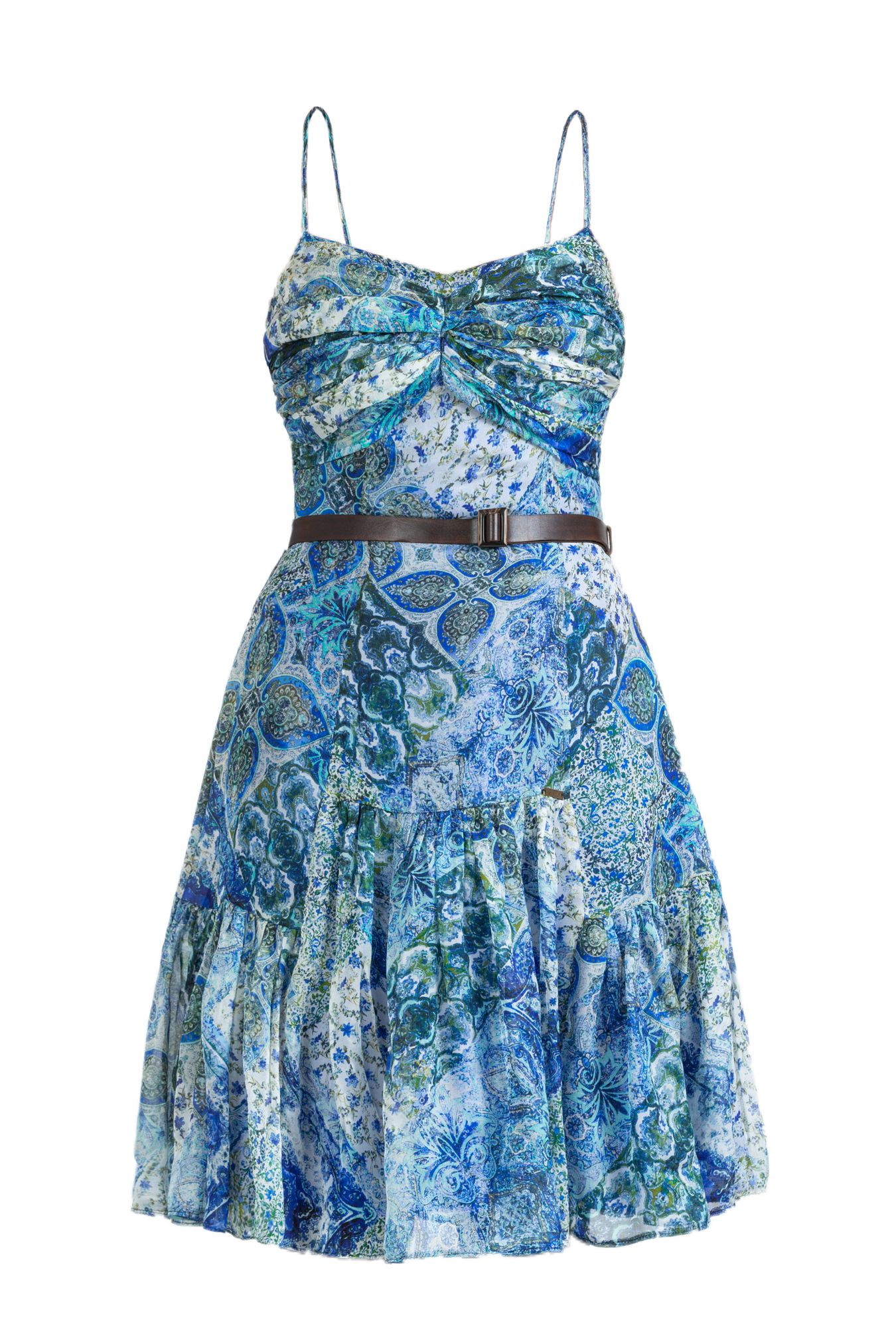 silk maxi skirt with frills and leather yoke, maxi skirt with silk frills, skirt with floral motif, skirt blue silk, silk with leather yoke and silk frills