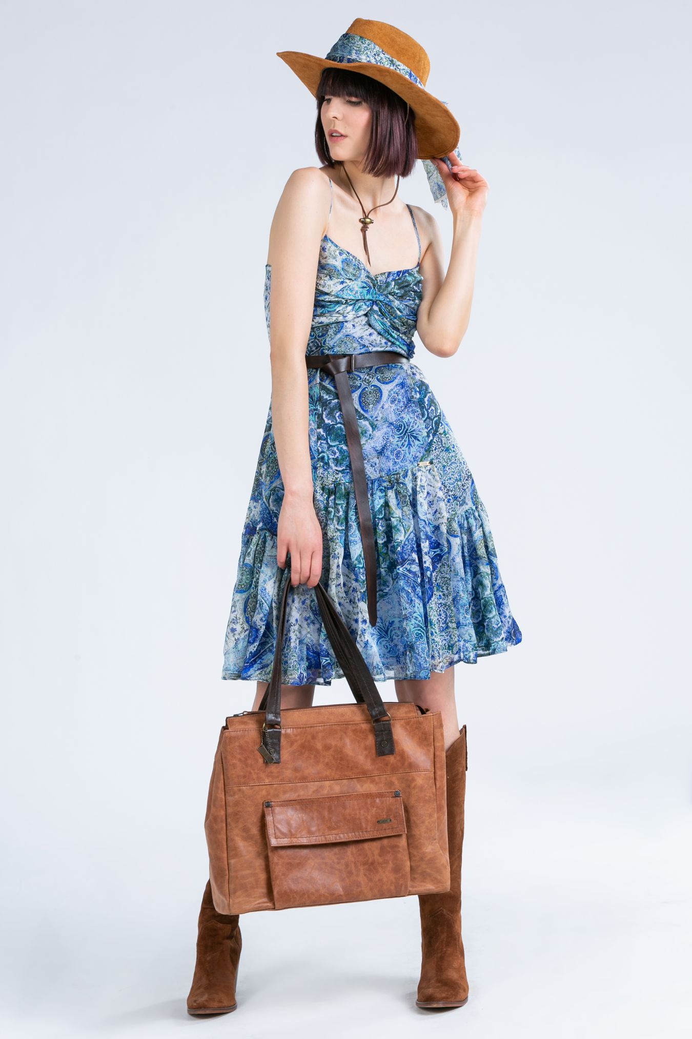 silk maxi skirt with frills and leather yoke, maxi skirt with silk frills, skirt with floral motif, skirt blue silk, silk with leather yoke and silk frills