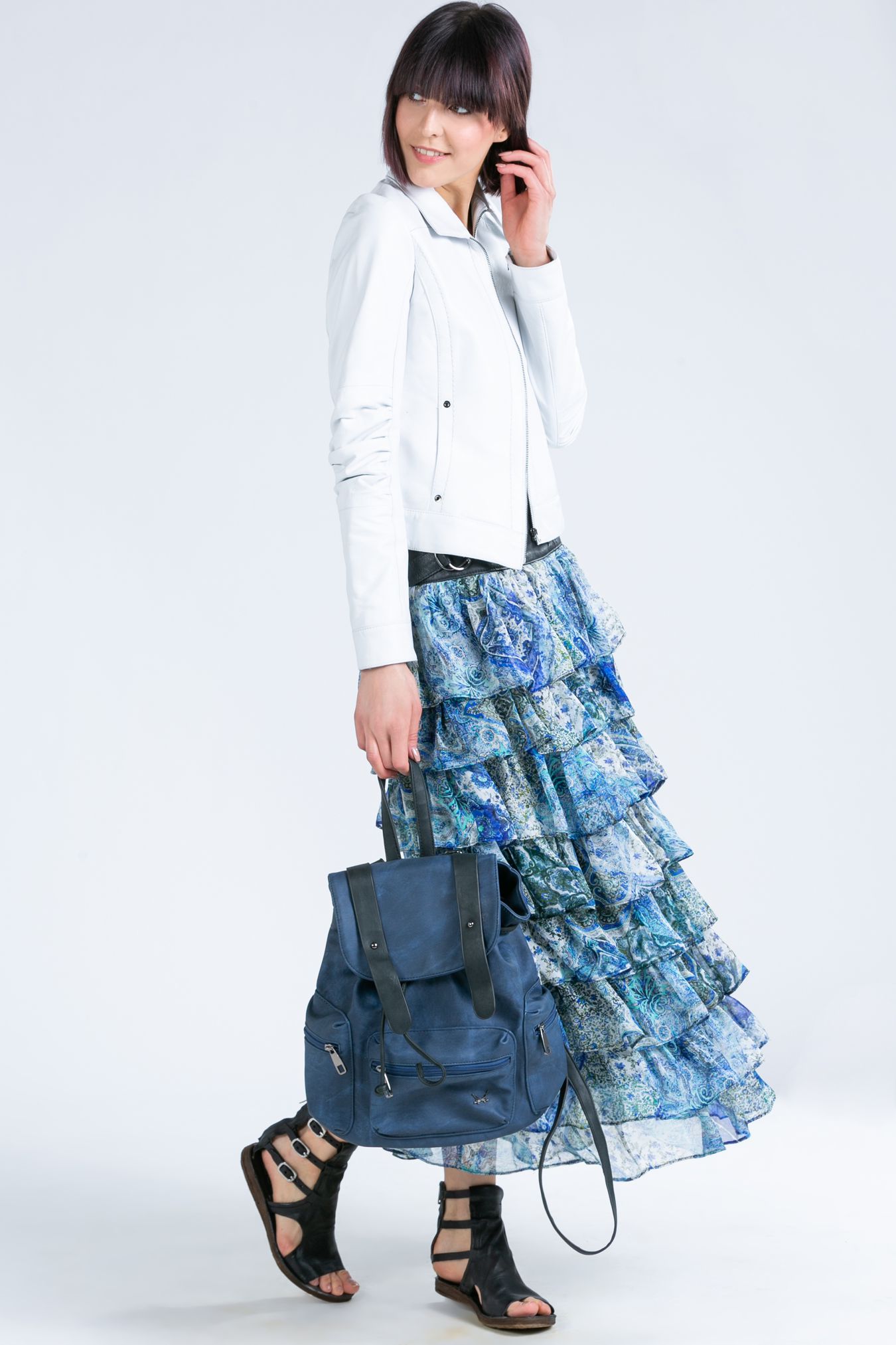 silk maxi skirt with frills and leather yoke, maxi skirt with silk frills, skirt with floral motif, skirt blue silk, silk with leather yoke and silk frills