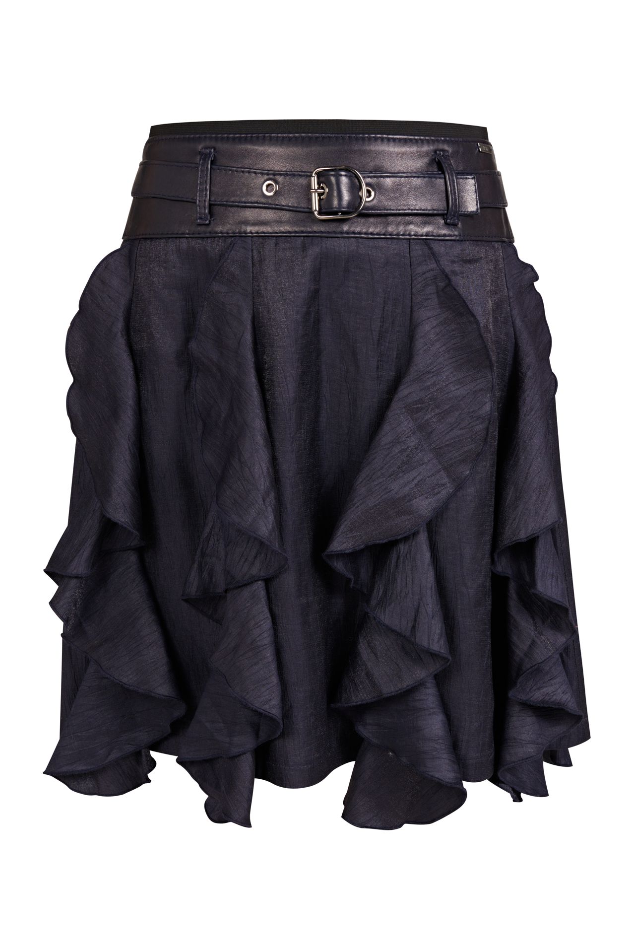 inen skirt with fruffles and leather yoke, skirt with linen frills, skirt navy blue linen, linen with leather yoke, skirt polish brand, skirt polish designer, made in poland