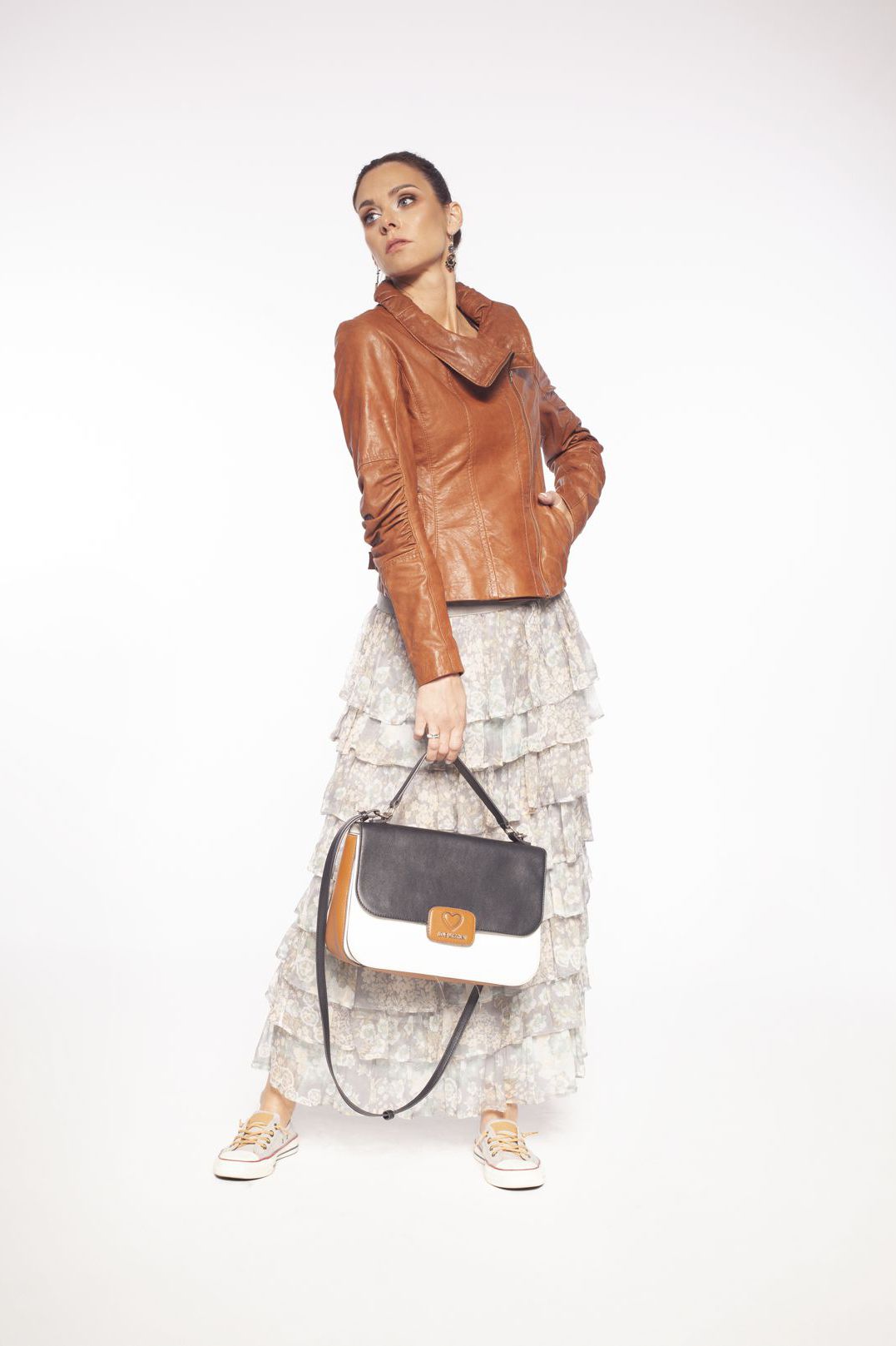 maxi skirt made of silk and leather, silk skirt with a leather yoke and ruffles, floral pattern skirt, ash maxi skirt, long skirt with a yoke made of natural leather and silk chiffon