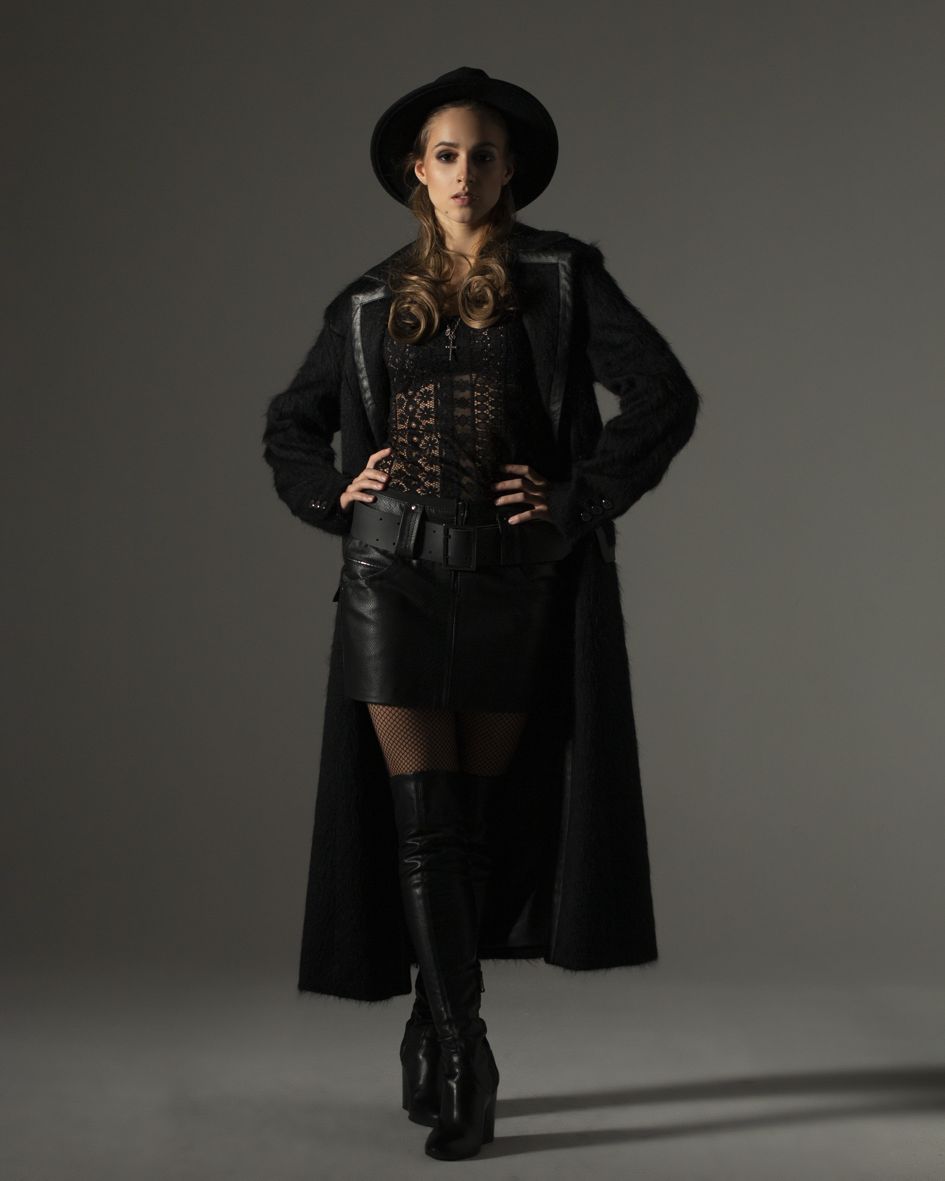 womens alpaca coat, coat made of black alpaca with leather trim, black coat, alpaca premium coat by rieske, premium coat polish brand, made in Poland alpaca coat, black coat polish designer