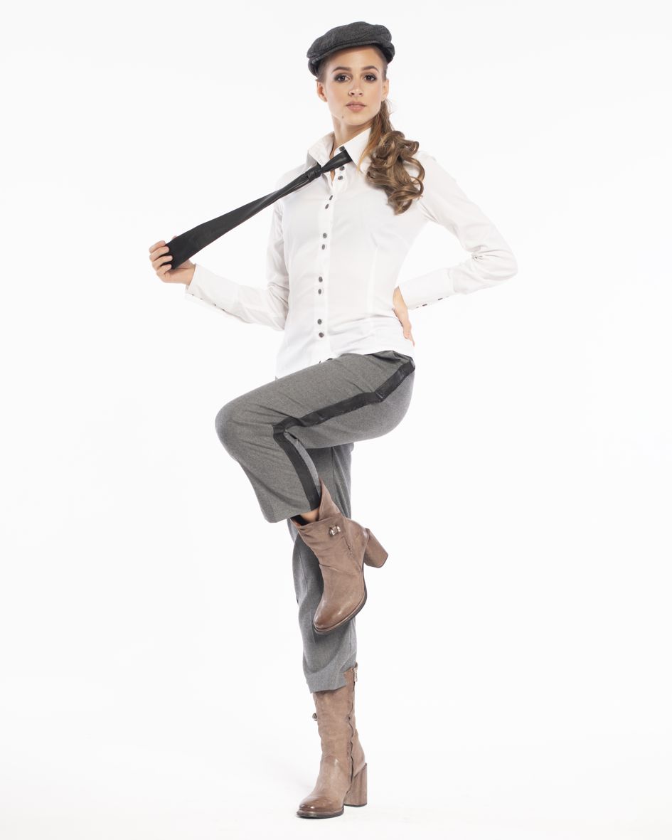 gray chinos pants, gray casual pants, trousers with leather stripes, elegant pants