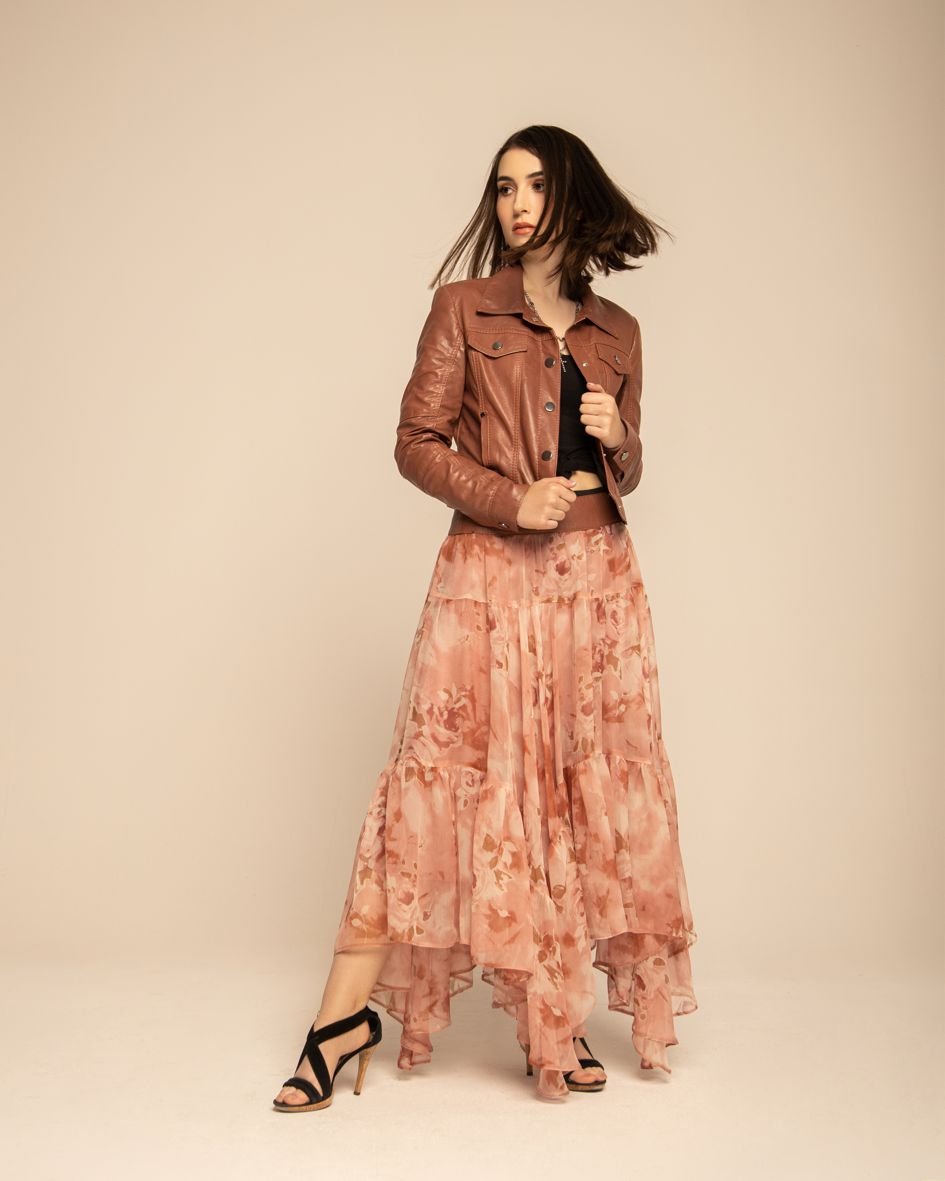 maxi skirt made of silk and leather, silk skirt with a leather yoke and asymmetric silk bottom, silk maxi skirt, maxi skirt, long skirt with a yoke made of natural leather and silk chiffon, Polish brand skirt