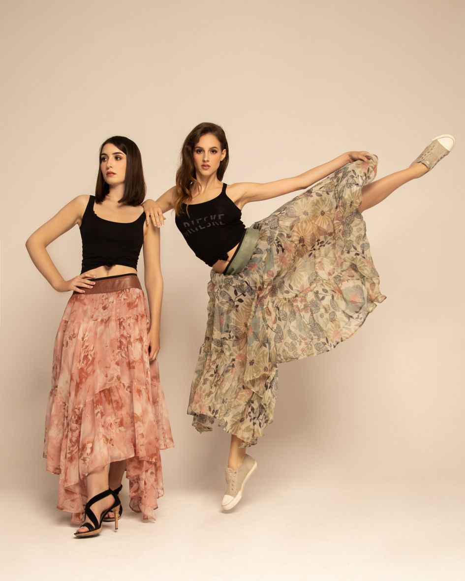 maxi skirt made of silk and leather, silk skirt with a leather yoke and asymmetric silk bottom, silk maxi skirt, maxi skirt, long skirt with a yoke made of natural leather and silk chiffon, Polish brand skirt