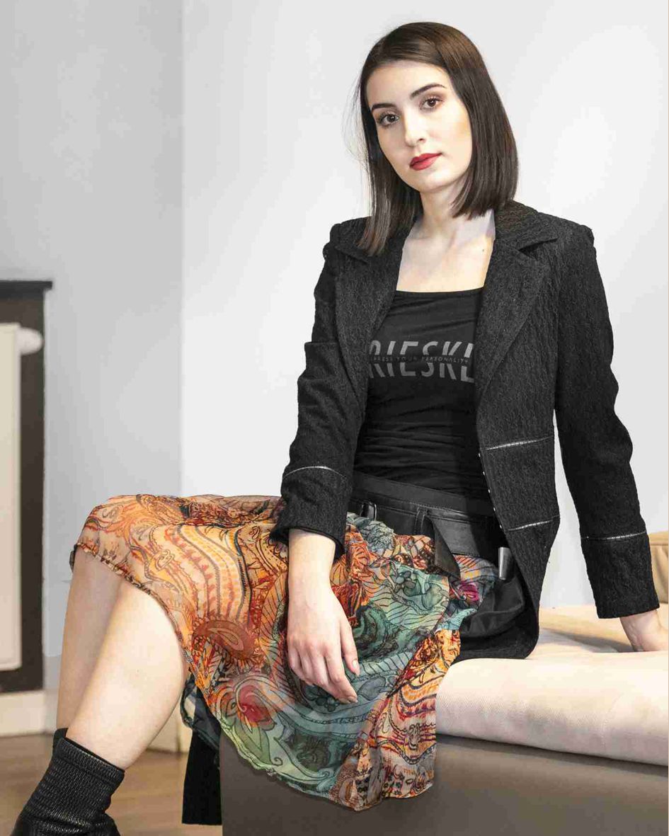 silk and leather skirt, silk skirt with leather yoke and belt, skirt with multicolor pattern, skirt  made of Italian leather, skirt with yoke made of natural leather and silk chiffon