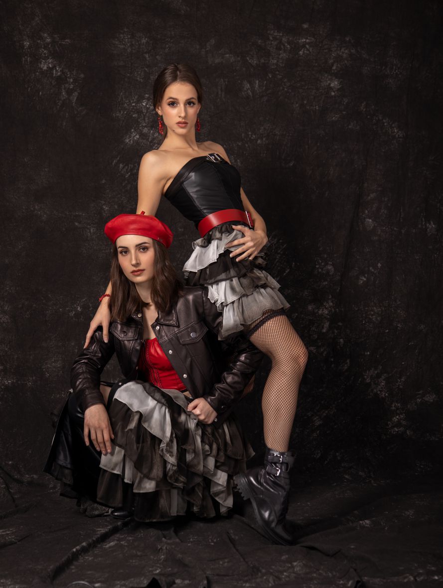 corset dress, black corset leather dress, dress with leather corset combined with silk, leather dress with frills, evening dress, wedding dress, must have corset dress, leather bestseller dress, corset dress bestseller, prom dress, party dress, original corset dress