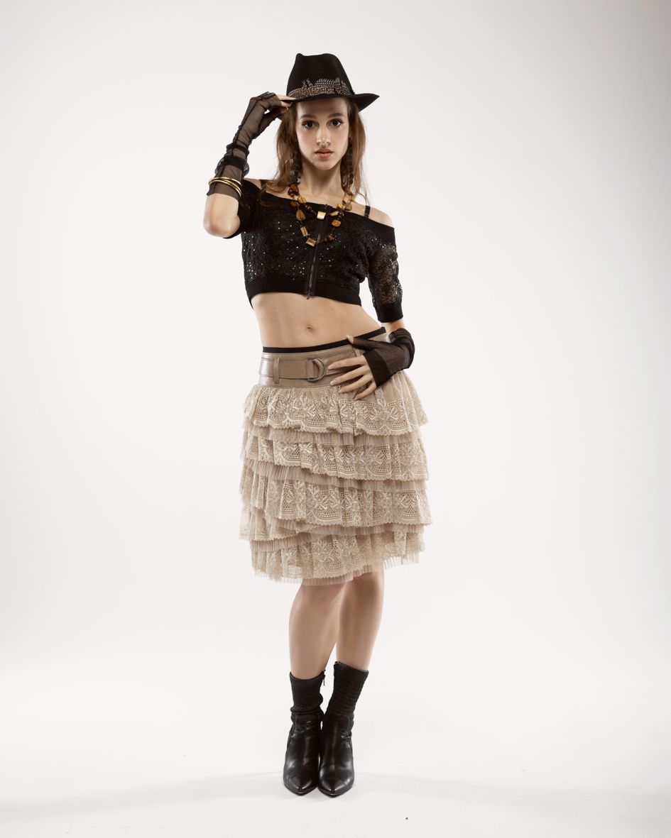 tulle and leather skirt, beige lace skirt with leather yoke, italian leather yoke skirt, genuine leather and beige lace yoke skirt, beige skirt with natural leather yoke, frill skirt, lace skirt