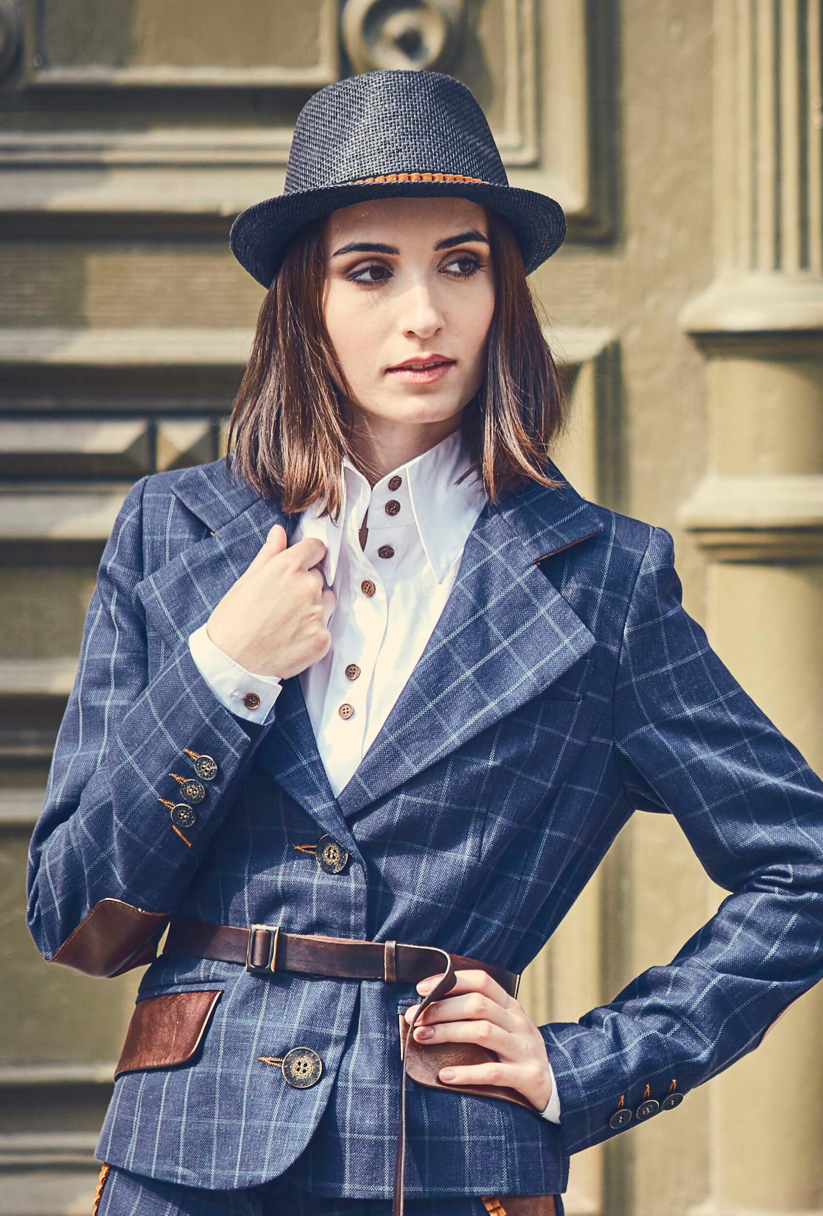 checkered jacket, checkered navy blue jacket, wool jacket with elements of natural leather, navy blue jacket with leather belt, slim jacket, women's suit, jacket Polish designer