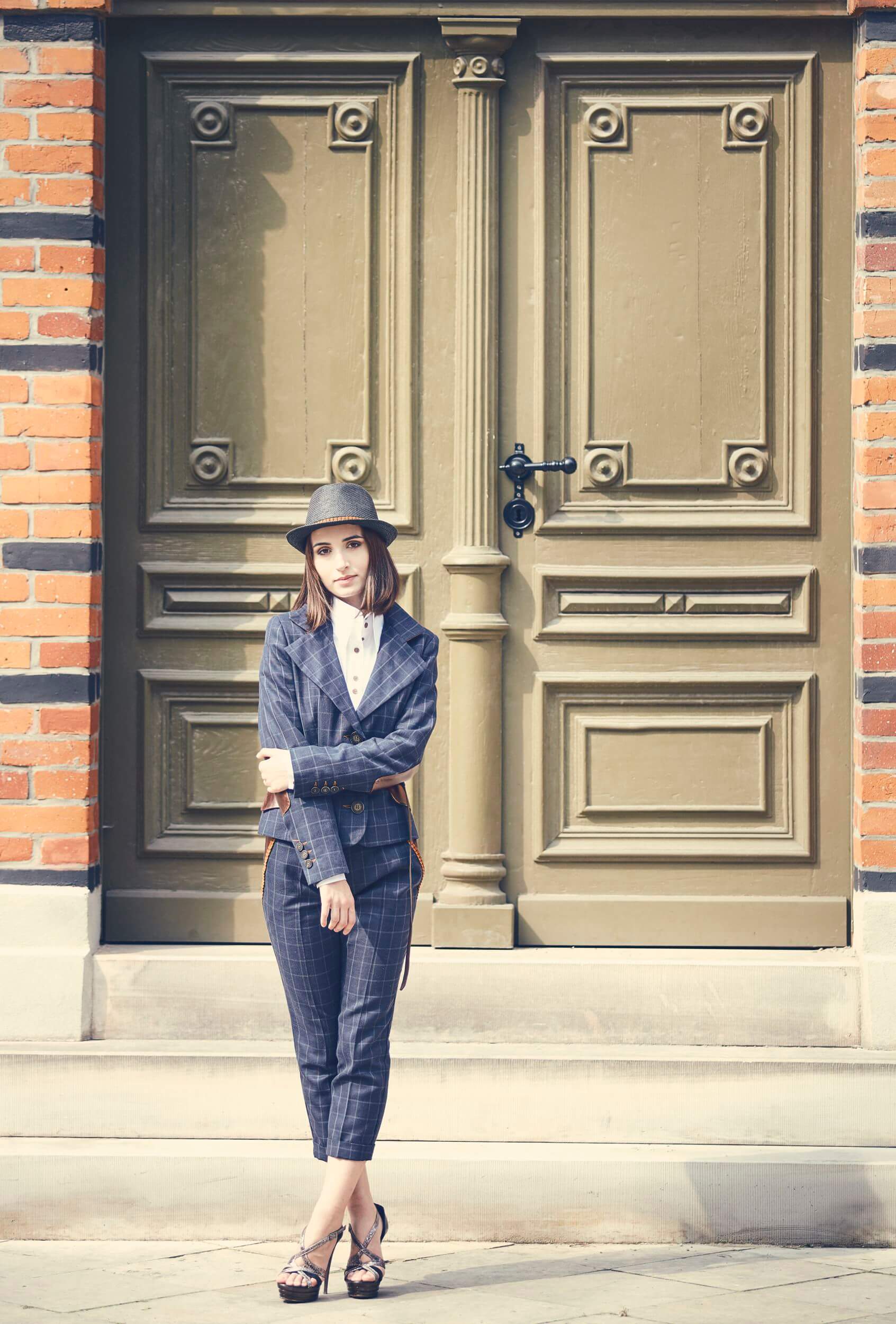 check pants, navy blue check pants, crease pants, elegant pants, women's suit