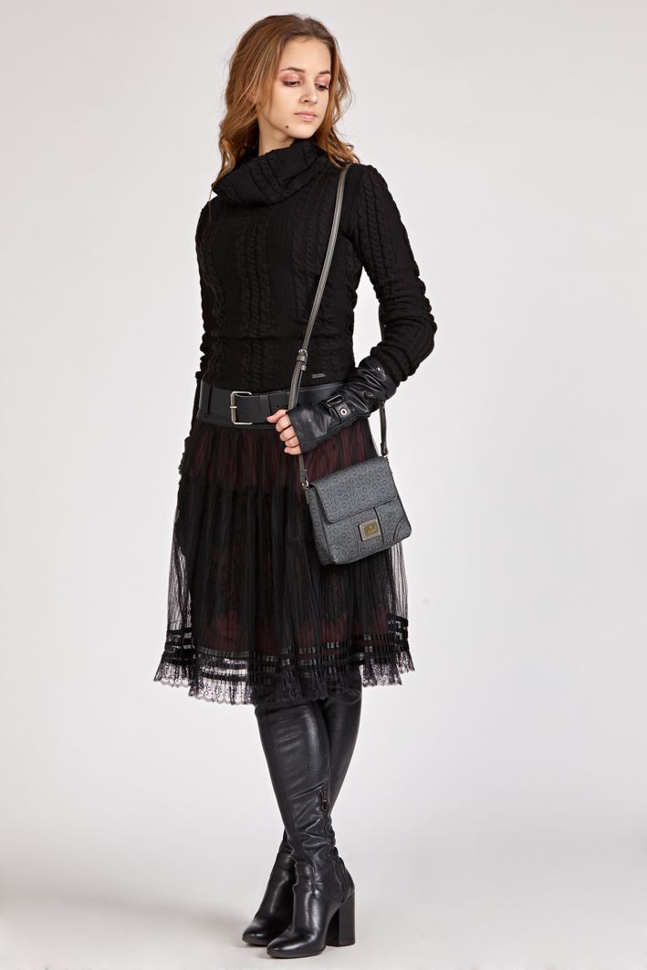 skirt made of tulle and leather, tulle skirt with leather yoke and belt, black skirt with yoke and belt made of Italian leather, skirt with yoke made of natural leather and pleated tulle, black skirt, premium skirt, black tulle skirt, skirt by rieske