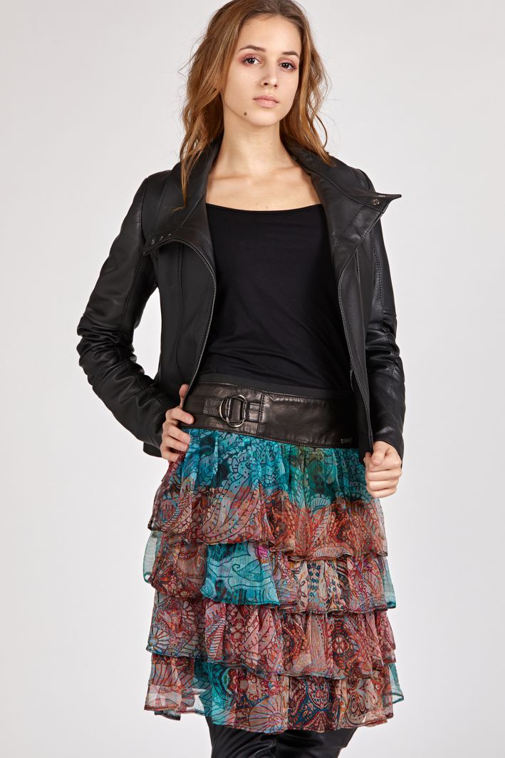 skirt made of silk and leather, silk skirt with a leather yoke and ruffles, multicolored skirt, skirt with a yoke made of natural leather and silk chiffon