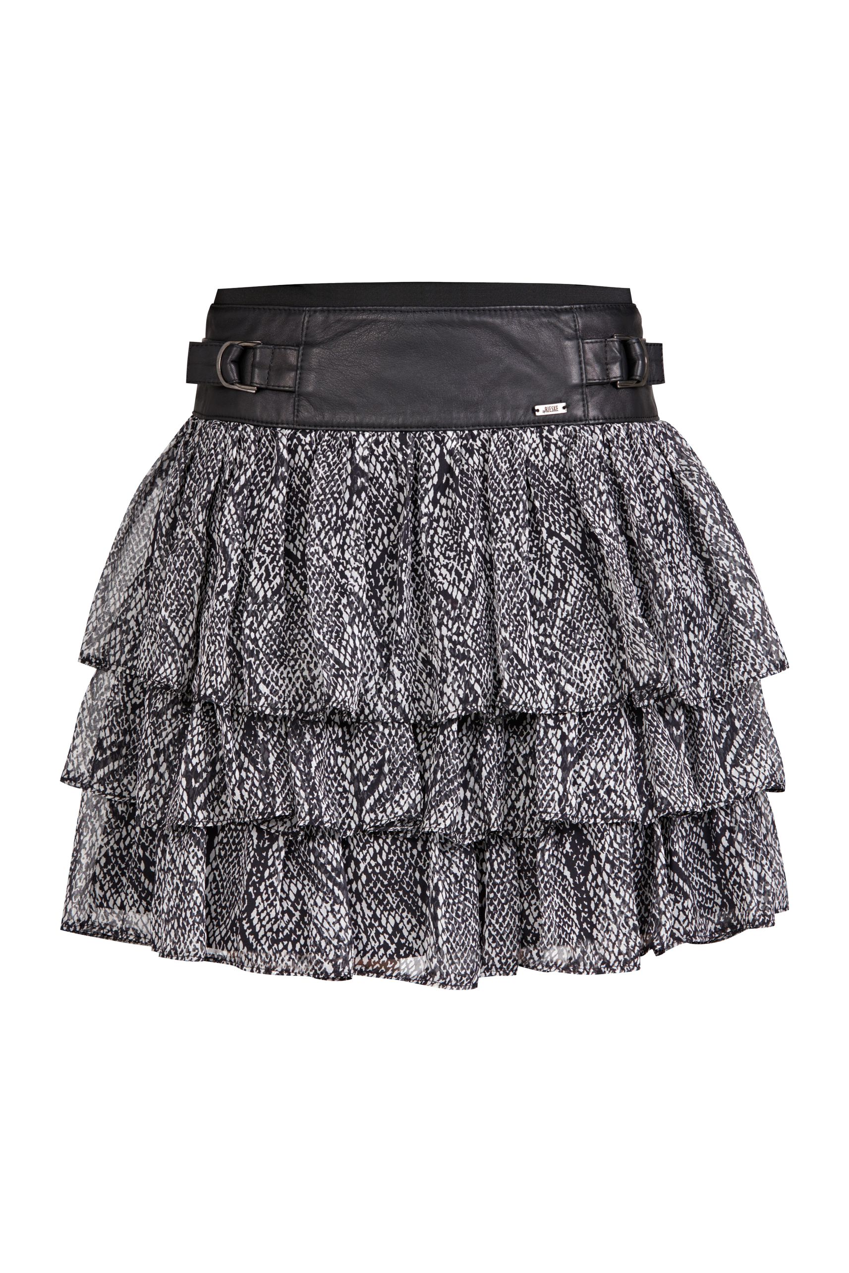 silk and leather skirt, silk skirt with leather yoke and ruffles, snake pattern skirt, ruffled skirt, skirt with yoke made of natural leather and silk chiffon