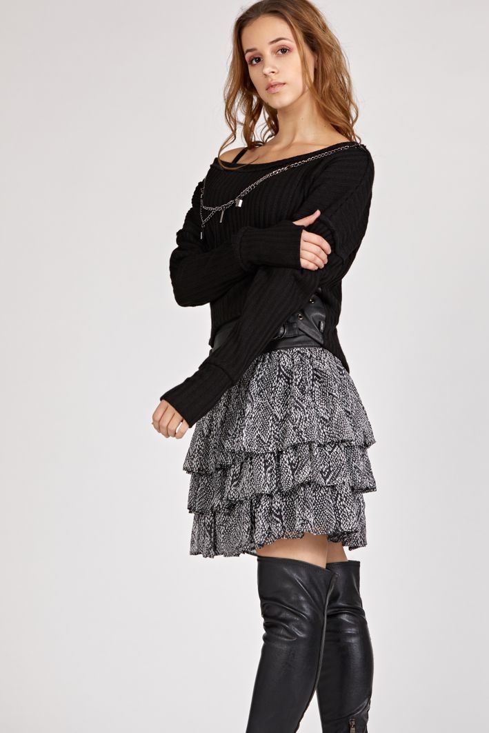 silk and leather skirt, silk skirt with leather yoke and ruffles, snake pattern skirt, ruffled skirt, skirt with yoke made of natural leather and silk chiffon