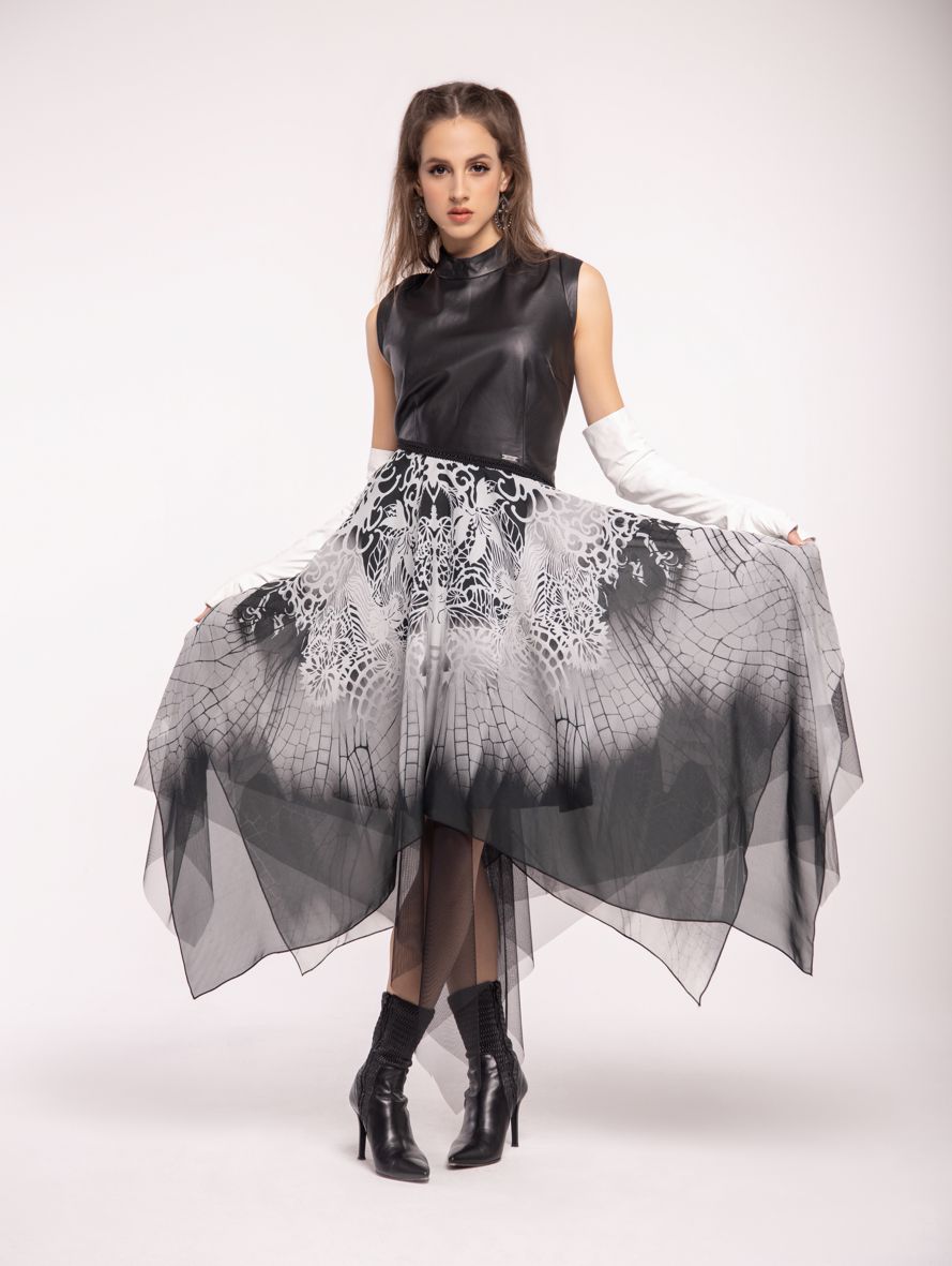 asymmetrical dress made of silk and leather, silk dress with a leather top and asymmetric bottom made of silk, wedding dress, elegant dress made of natural leather and silk chiffon, evening dress, evening dress, New Year's Eve dress, Polish brand dress, Polish designer dress, original prom dress, carnival dress