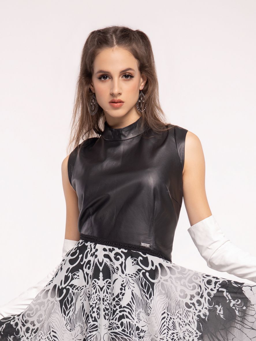 asymmetrical dress made of silk and leather, silk dress with a leather top and asymmetric bottom made of silk, wedding dress, elegant dress made of natural leather and silk chiffon, evening dress, evening dress, New Year's Eve dress, Polish brand dress, Polish designer dress, original prom dress, carnival dress