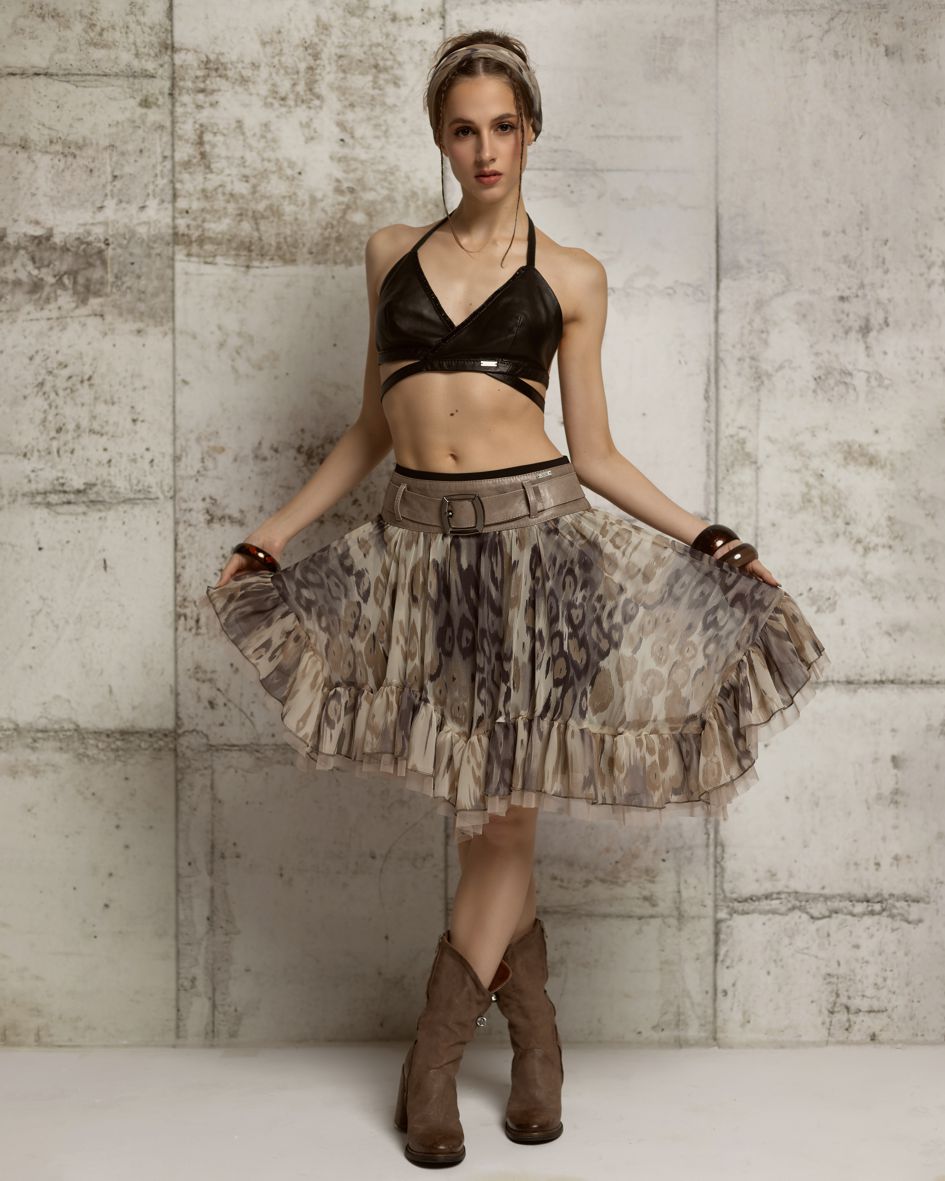 silk and leather skirt, silk skirt with leather yoke and frill, skirt with frill, dark beige silk skirt, asymmetric natural leather and silk chiffon yoke skirt, silk skirt, asymmetric dark beige silk skirt