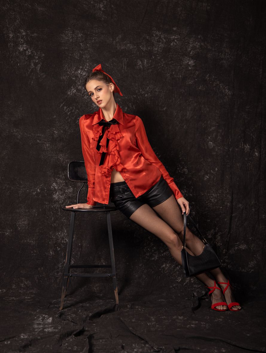 silk shirt with ruffle, coral silk shirt, silk shirt, premium silk satin silk top, must have top, crop top, silk shirt Polish designer, top Polish brand