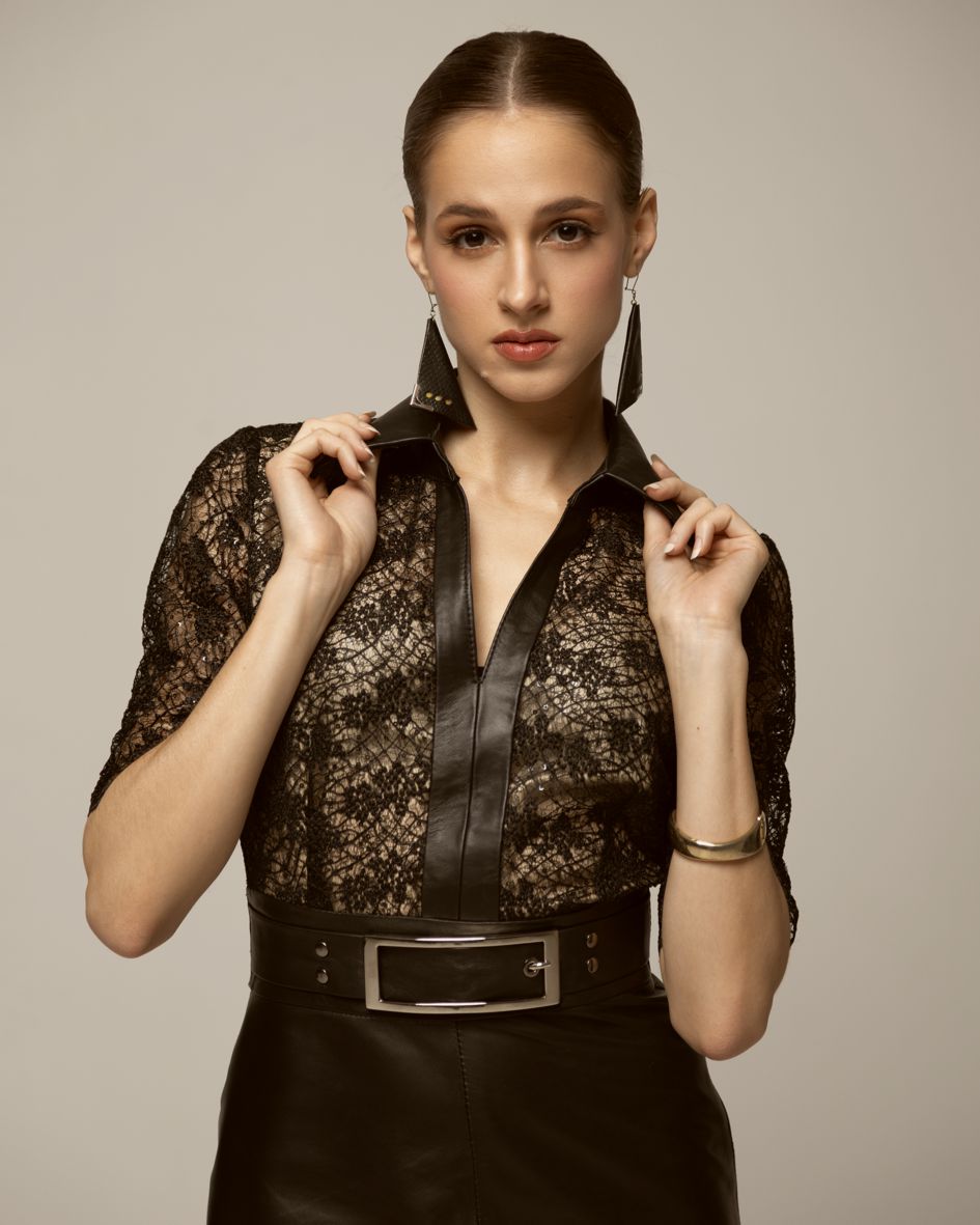 lace and leather dress, lace leather dress, black party dress, elegant black dress, little black dress, evening dress, polish brand, polish fashion designer