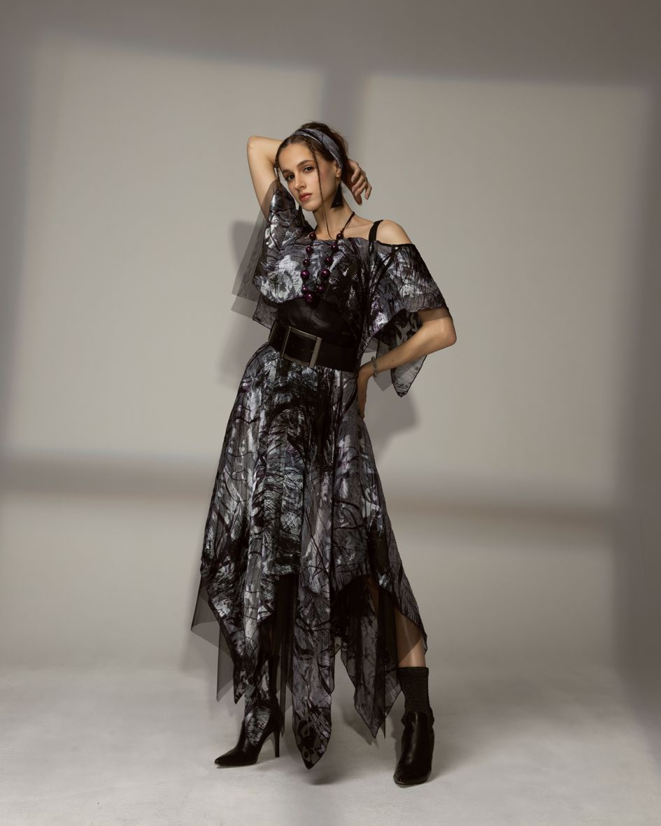 silk and leather dress, silk dress with leather corset and frills, silk boho dress, violet dress with frills, silk chiffon and natural leather dress for summer, perfect wedding dress