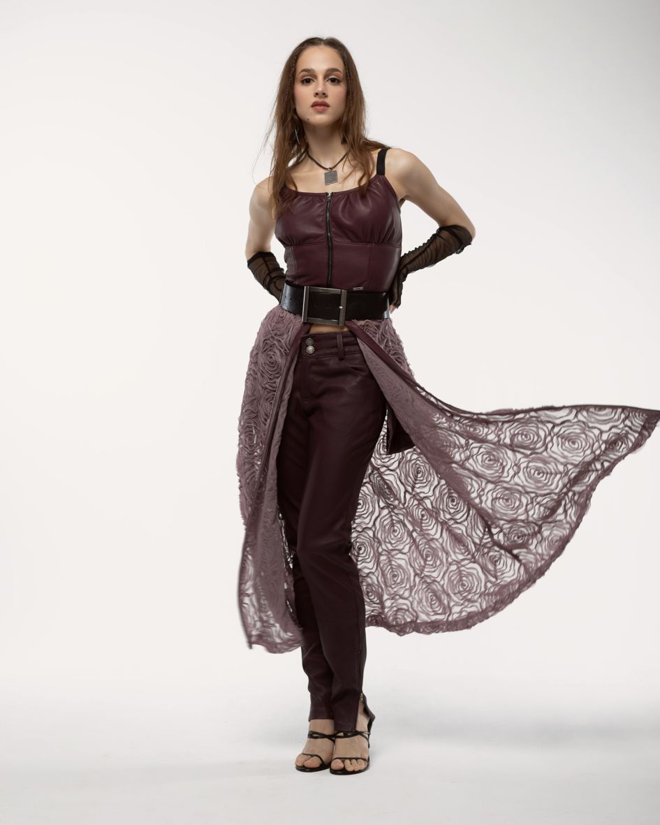 dress made of 3D tulle and natural leather, tulle dress with fashionable 3D flowers with a leather corset, original dress for a wedding, beige dress worn over trousers or shorts, beige dress made of natural leather