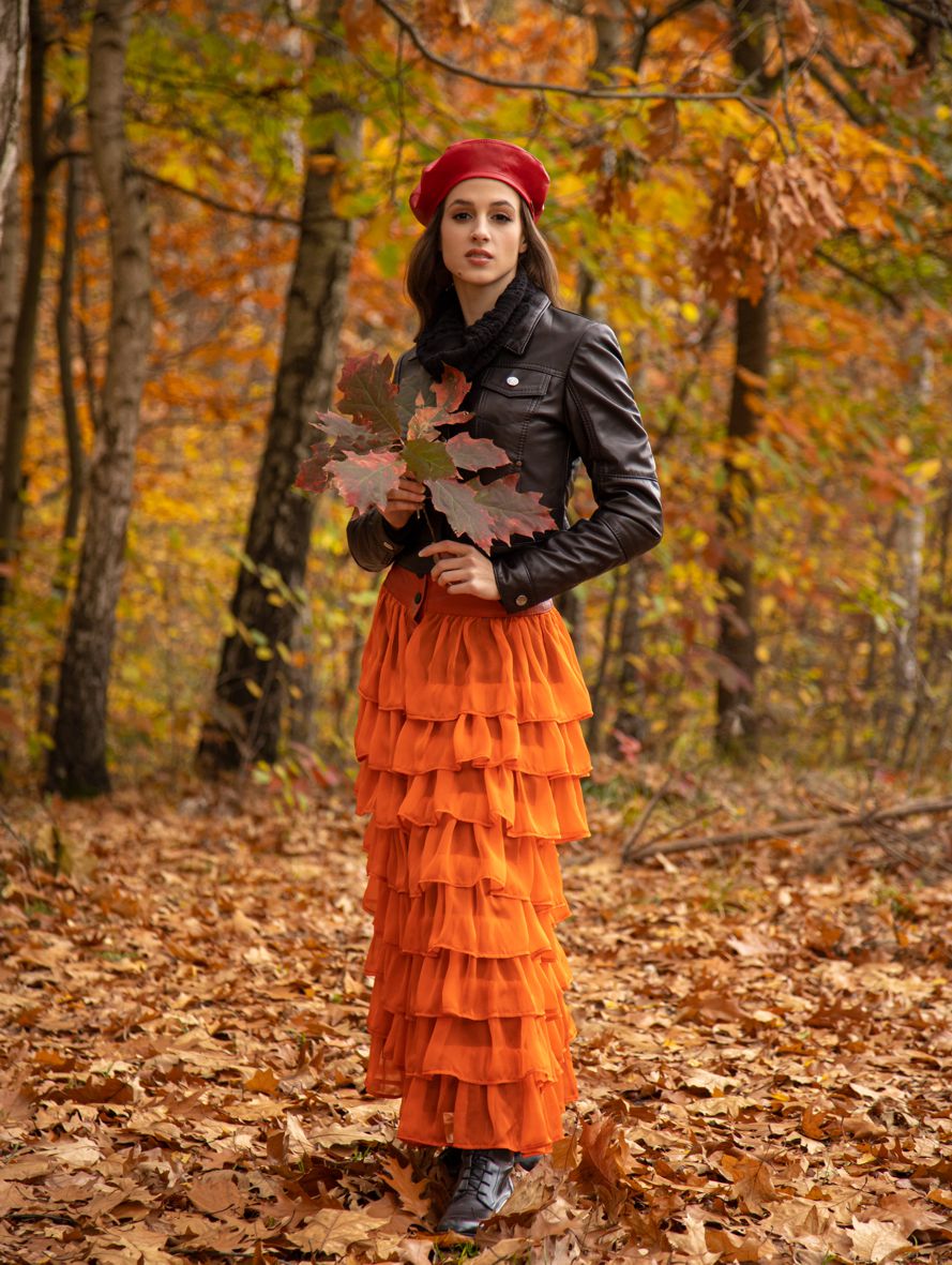 maxi skirt made of silk and leather, silk skirt with leather yoke and frills, skirt with orange frills, maxi skirt, long skirt with yoke made of natural leather and silk chiffon, maxi silk skirt, Spanish skirt, Spanish maxi skirt, orange skirt