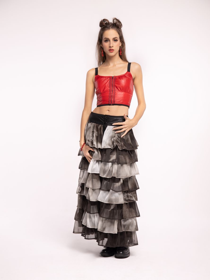 maxi skirt in silk and leather, silk skirt with leather yoke and frills, skirt with frills b & w, maxi skirt, long skirt with yoke in natural leather and silk chiffon, maxi skirt b & w, maxi silk skirt, skirt b & w