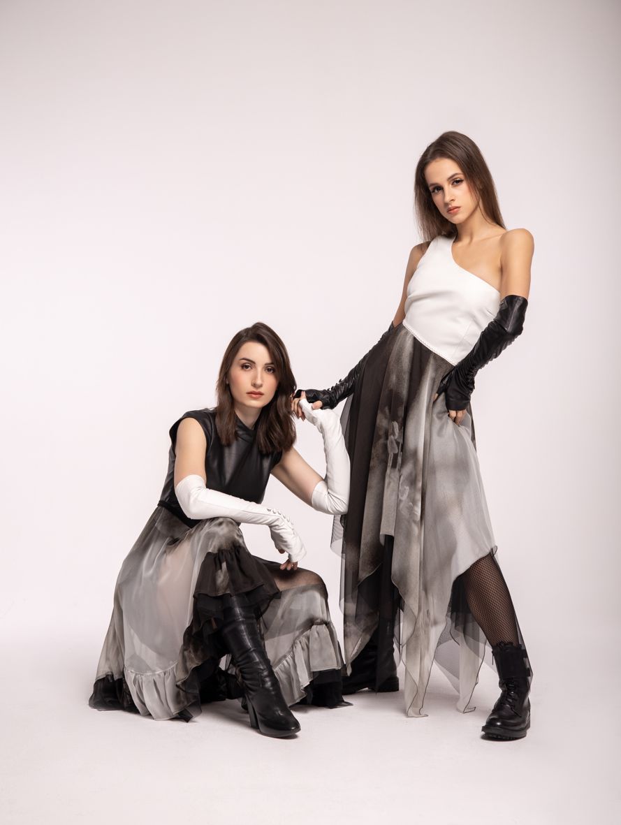 asymmetrical dress made of silk and leather, silk dress with a leather top and asymmetric hem made of silk, wedding dress, elegant dress made of natural leather and silk chiffon, evening dress, evening dress, New Year's Eve dress, Polish brand dress, Polish designer dress, original prom dress, frill dress, carnival dress