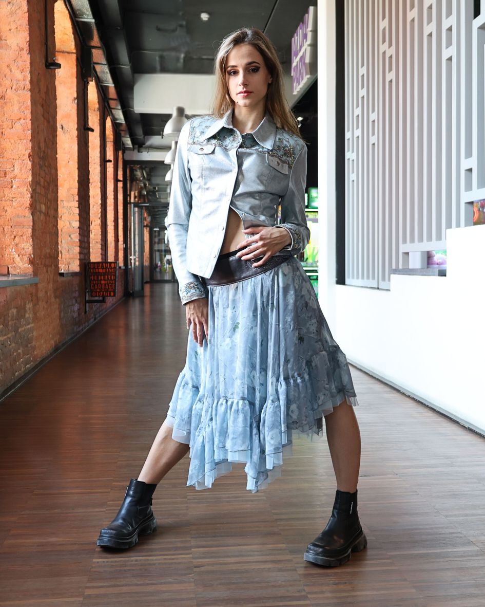 Fitted silver blue leather shirt with embroidered lace Virea by By Rieske