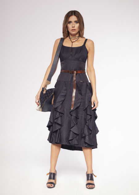 121005 Navy Blue Linen Dress With Ruffles