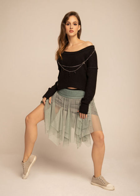 220004 Black Wool Sweater With A Boat Neckline And Chain 